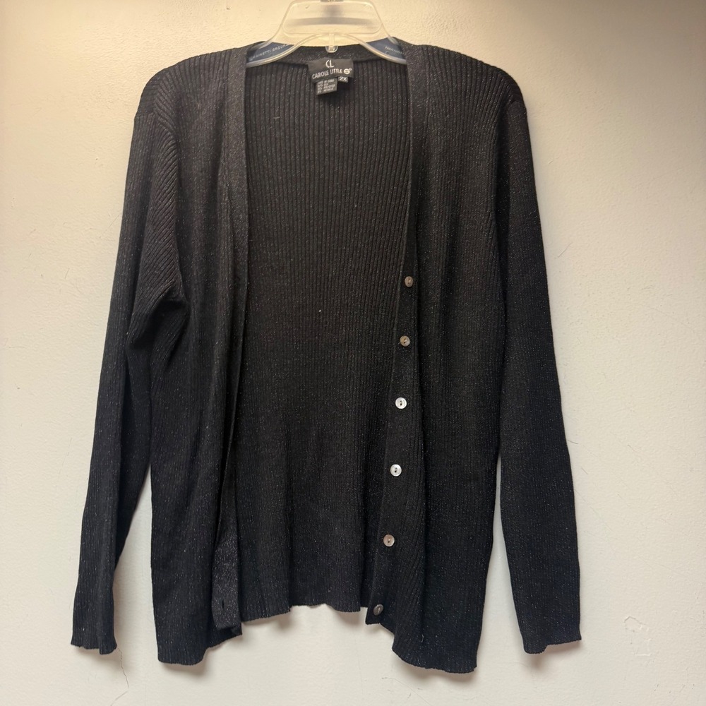 Carole Little Cardigan Womens 2X Black Excellent Silk Blend Metallic Ribbed Knit
